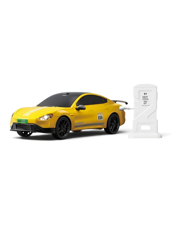 Rechargeable Remote Control EV New Energy Car Toy with 2.4GHz Remote & Toy Charging Station – Yellow High-Speed Electric RC Car for Kids Ages 6+ TV7341