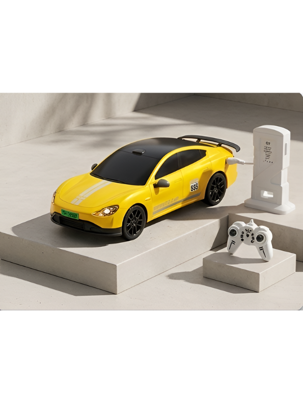 Rechargeable Remote Control EV New Energy Car Toy with 2.4GHz Remote & Toy Charging Station – Yellow High-Speed Electric RC Car for Kids Ages 6+ TV7341