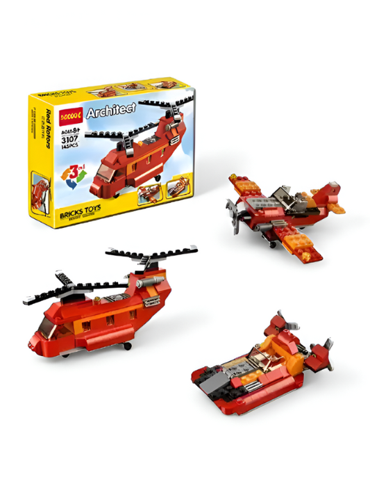 Red Rovers – 145 PCS 3-in-1 Building Set – Helicopter, Plane & Rescue Jet for Kids TV864.
