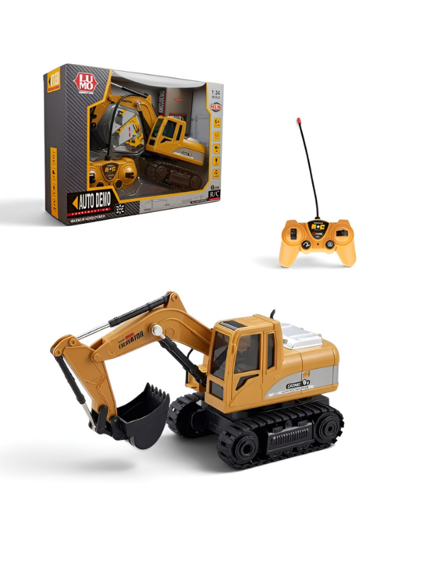 Remote Control Excavator Toy 1:24 Scale– 360° Rotation RC Construction Truck with Lights, Music & Rechargeable Battery for Kids