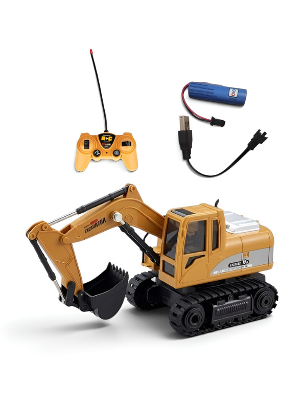 Remote Control Excavator Toy 1:24 Scale– 360° Rotation RC Construction Truck with Lights, Music & Rechargeable Battery for Kids