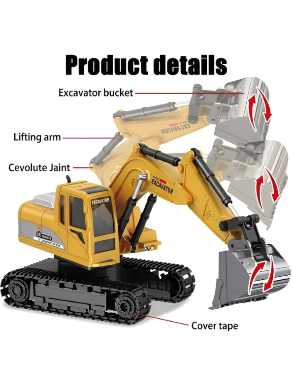 Remote Control Excavator Toy 1:24 Scale– 360° Rotation RC Construction Truck with Lights, Music & Rechargeable Battery for Kids