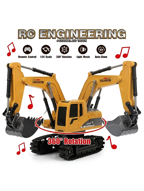 Remote Control Excavator Toy 1:24 Scale– 360° Rotation RC Construction Truck with Lights, Music & Rechargeable Battery for Kids
