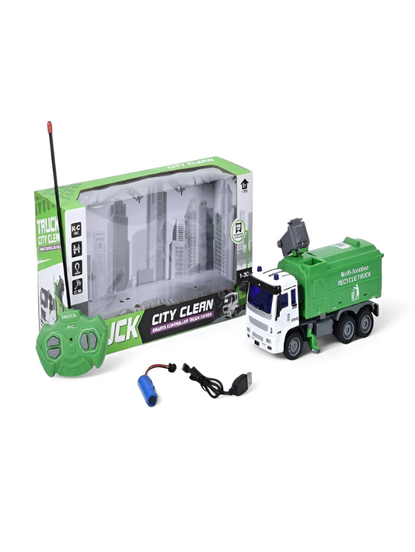 Remote Control Garbage Truck Toy - RC Recycle Truck with Lights, Working Trash Bin, and Sweeper Brush TV4127.
