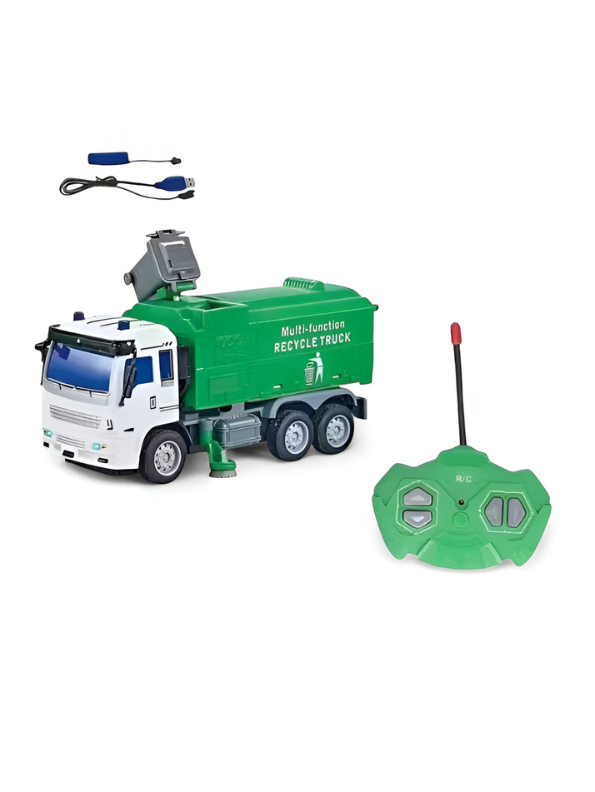 Remote Control Garbage Truck Toy - RC Recycle Truck with Lights, Working Trash Bin, and Sweeper Brush TV4127.