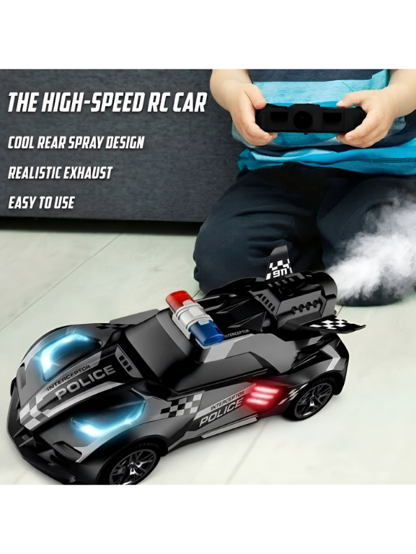 Remote Control Police Car - Black Rechargeable High-Speed RC Toy with Spray Effect TV7275