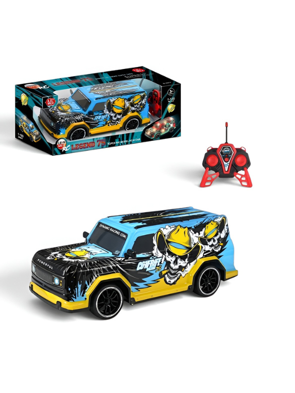 Remote Control Racing SUV Toy Car with Dual-Joystick Transmitter – 3D Graffiti Skull Print Off-Road Vehicle, Blue and Yellow LMI16907