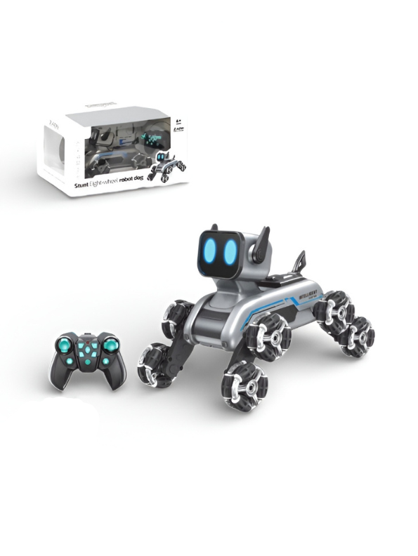 Remote Control Robot Dog Toy with 8 Wheels, Gesture Control, 2.4GHz RC, LED Expressions, 360° Stunt Action MD2848.