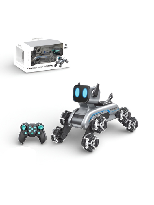 Remote Control Robot Dog Toy with 8 Wheels, Gesture Control, 2.4GHz RC, LED Expressions, 360° Stunt Action MD2848.
