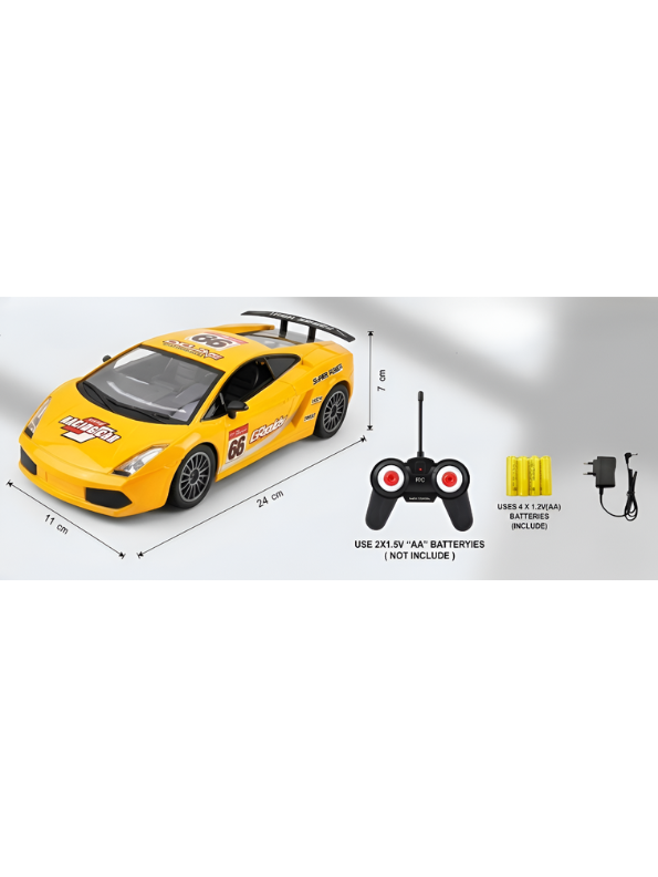 Remote Control Sport Car – Rechargeable Yellow Racing Toy Car with Remote Controller, Batteries, and AC Charger – High-Speed RC Car Toy for Kids and Collectors LMI8905