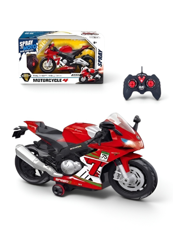 Remote Control Spray Motorcycle Toy - Red 1:16 Scale Rechargeable RC Racing Bike with LED Lights, Sound Effects, and 360° Rotating Action TV5817