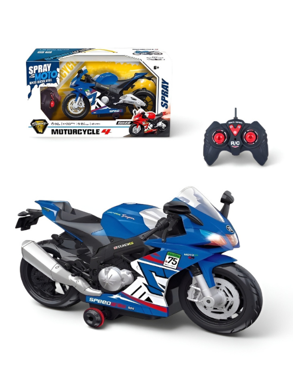 Remote Control Spray Motorcycle Toy - 1:16 Scale Rechargeable RC Racing Bike with LED Lights, Sound Effects, and 360° Rotating Action TV5817