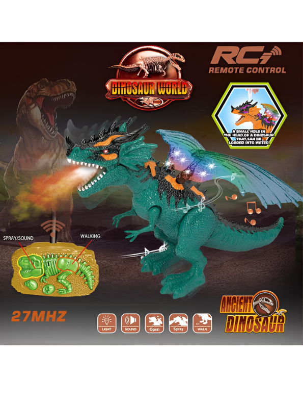 Remote Control Walking Dinosaur Toy for Kids – 2.4GHz RC Dragon with Mist Water Spray, LED Light-Up Wings & Roaring Sound Effects LMI10416