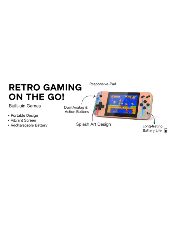 Retro Handheld Game Console – 3.5-Inch Portable Player with Classic Games, Splash Art Design, Rechargeable Pink LMI13030.