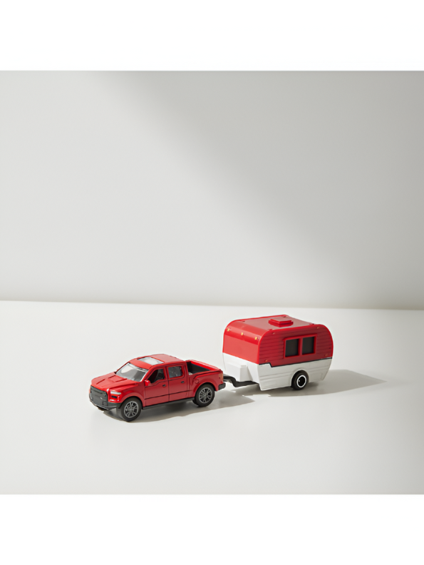 Retro Red Pickup Truck with Red-and-White Camper Trailer Toy Set for Kids and Collectors.