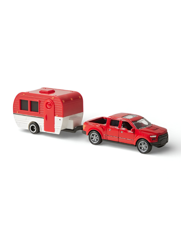 Retro Red Pickup Truck with Red-and-White Camper Trailer Toy Set for Kids and Collectors.