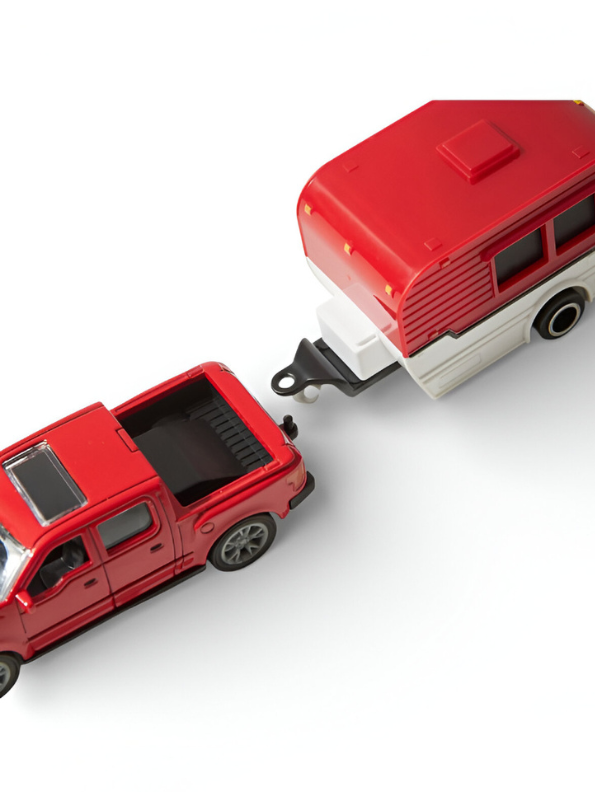 Retro Red Pickup Truck with Red-and-White Camper Trailer Toy Set for Kids and Collectors.