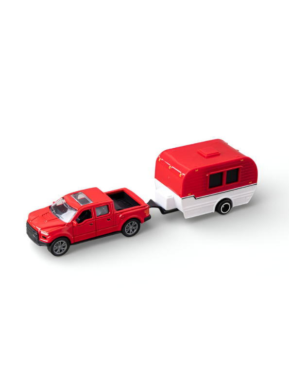 Retro Red Pickup Truck with Red-and-White Camper Trailer Toy Set for Kids and Collectors.