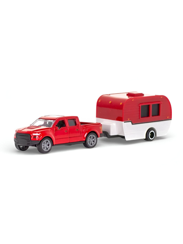 Retro Red Pickup Truck with Red-and-White Camper Trailer Toy Set for Kids and Collectors.