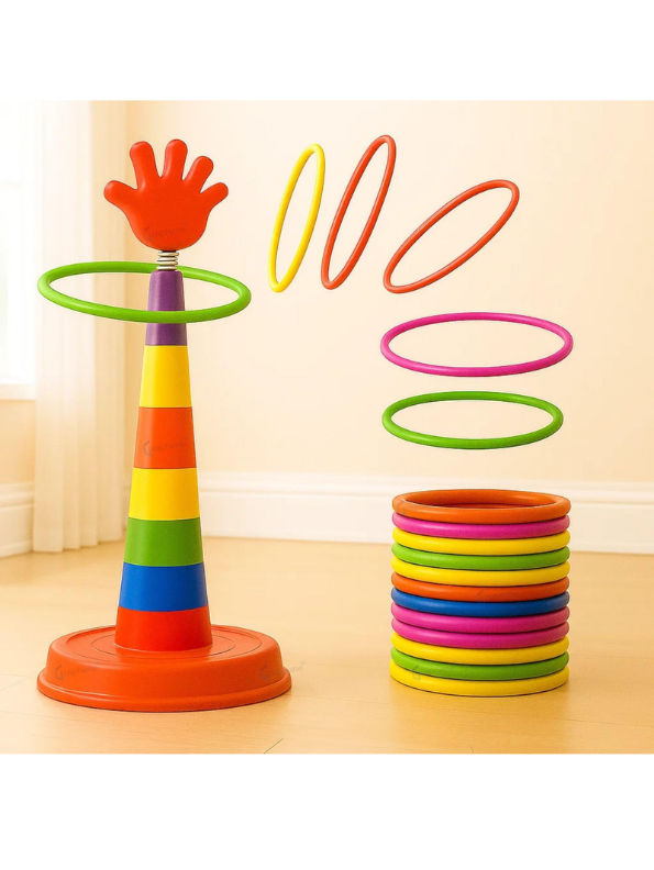 Ring Toss & Quoits Game Set – Rainbow Stacking Tower with Flexible Spring Hand & Multi-Color Rings LMI5104