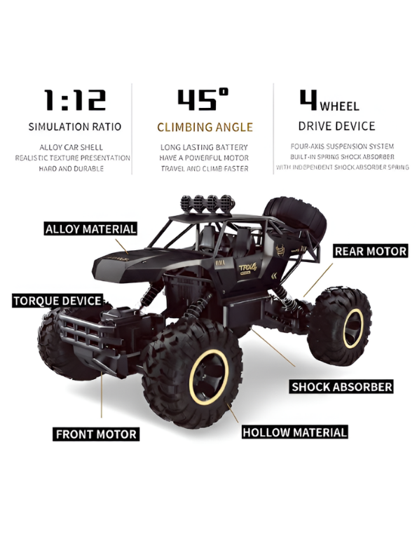 Rock Crawler 1:12 Alloy RC – Black 4WD Off-Road Remote Control Climbing Car MD679