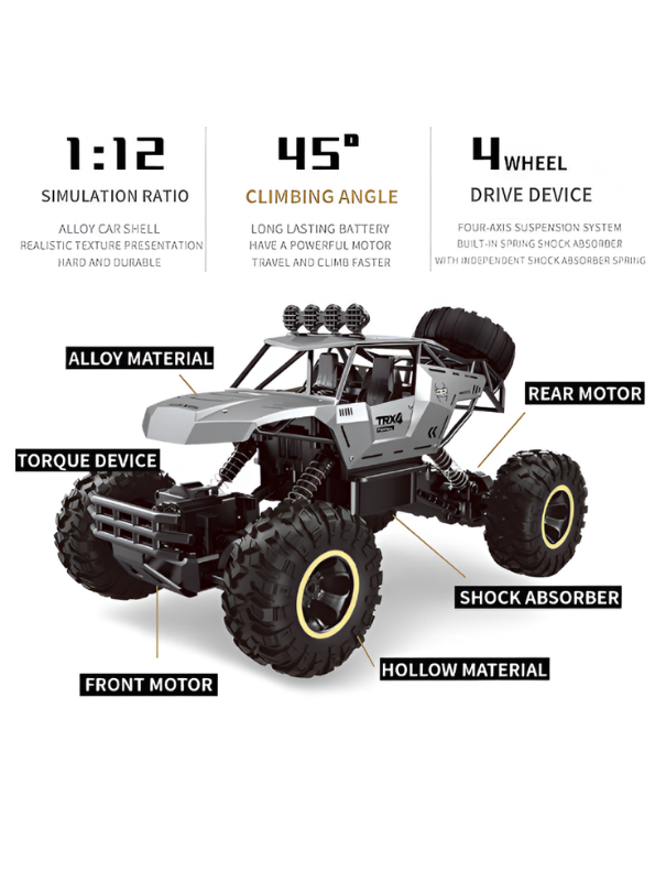 Rock Crawler 1:12 Alloy RC – Grey 4WD Off-Road Remote Control Climbing Car MD679