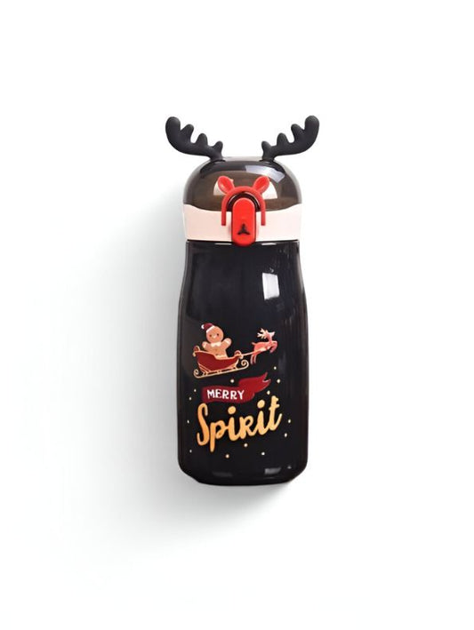 Black - Rudolph – Christmas Theme Kids Water Bottle 300ml | Cute Reindeer Design on Top | Leakproof & BPA-Free NOV3551.