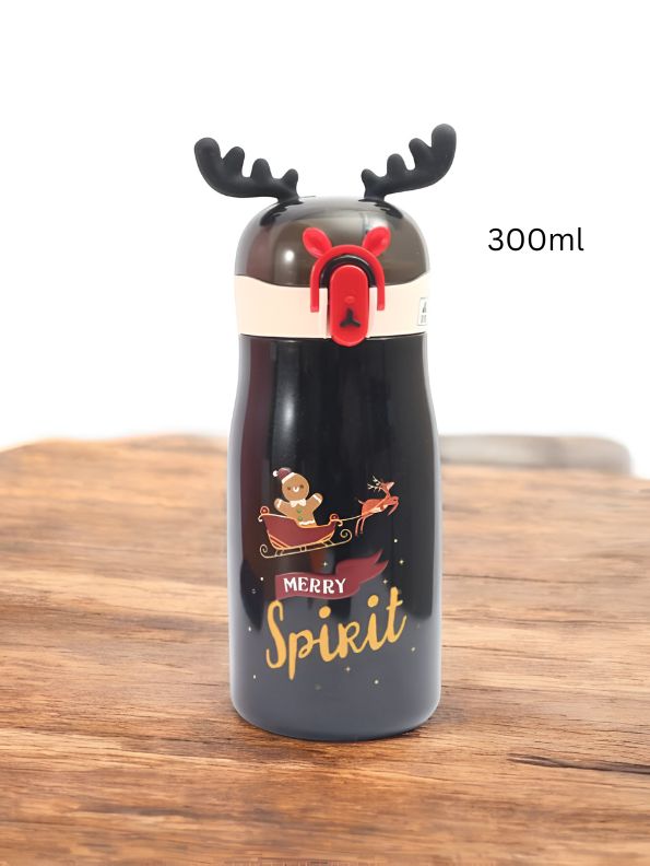 Black - Rudolph – Christmas Theme Kids Water Bottle 300ml | Cute Reindeer Design on Top | Leakproof & BPA-Free NOV3551.