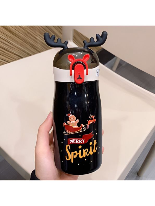 Black - Rudolph – Christmas Theme Kids Water Bottle 300ml | Cute Reindeer Design on Top | Leakproof & BPA-Free NOV3551.