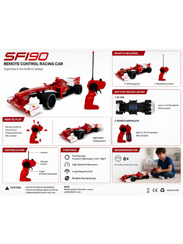 SF190 1:12 Scale Remote Control Formula 1 Racing Car - High Speed RC Car TV6734