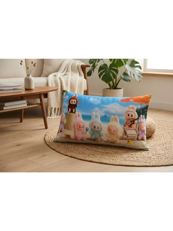 Labubu Monsters Beach Party Throw Pillow – Cute Kawaii Plush Cushion, Summer Sandcastle Graphic, Soft Decorative Home Decor ST11441