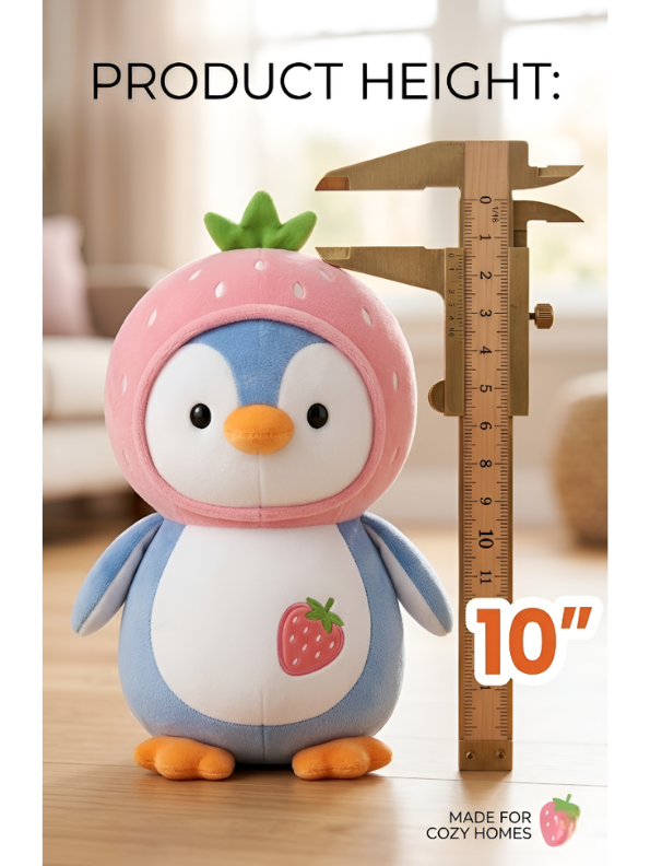 Adorable Penguin Soft Toy Wearing Strawberry Fruit Hat - 10 Inch Kawaii Plushie Stuffed Animal - Perfect Nursery Decor and Birthday Gift for Boys and Girls ST16679