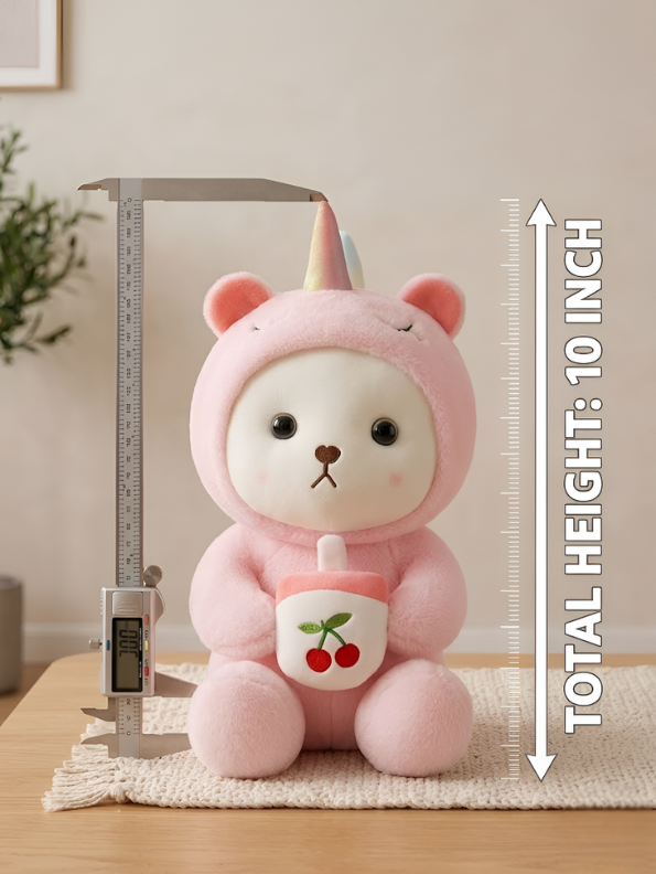 Unicorn Bear Plush Toy - Adorable 10-Inch Pink Soft Kawaii Stuffed Animal with Cherry Accessory ST15751