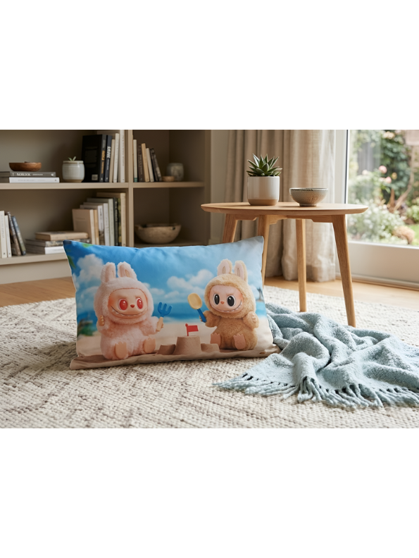 Labubu Style Monster Bunny Beach Throw Pillow Case – Kawaii Decorative Cushion for Home, Bedroom & Living Room ST11441