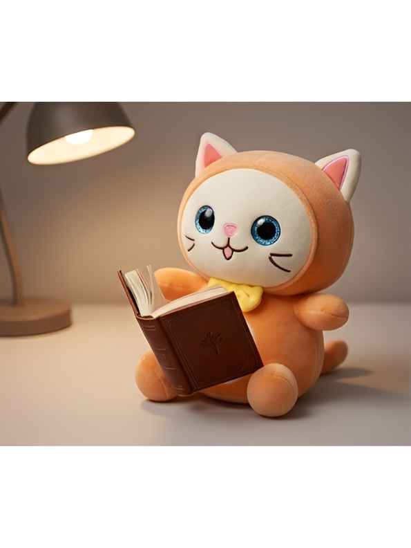 Cat Plush Toy – 8-Inch Cute Orange Soft Stuffed Animal Kitten with Yellow Bow & Fish Patch, Kawaii Cat Plushie for Kids ST11455