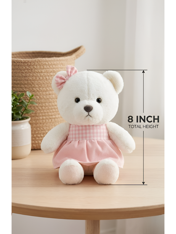 Teddy Bear with Pink Gingham Dress – 8-Inch White Plush Soft Stuffed Animal Toy for Toddlers, Kids ST11121
