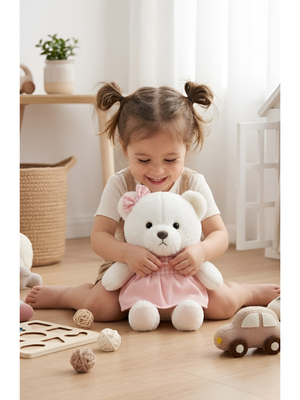 Teddy Bear with Pink Gingham Dress – 8-Inch White Plush Soft Stuffed Animal Toy for Toddlers, Kids ST11121