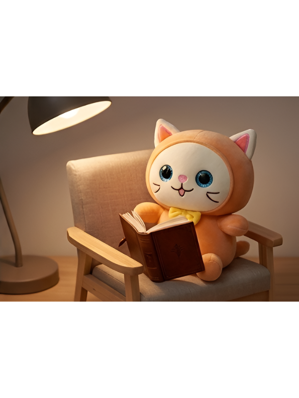 Cat Plush Toy – 8-Inch Cute Orange Soft Stuffed Animal Kitten with Yellow Bow & Fish Patch, Kawaii Cat Plushie for Kids ST11455