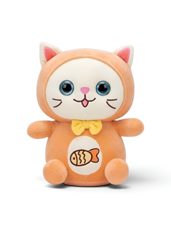 Cat Plush Toy – 8-Inch Cute Orange Soft Stuffed Animal Kitten with Yellow Bow & Fish Patch, Kawaii Cat Plushie for Kids ST11455
