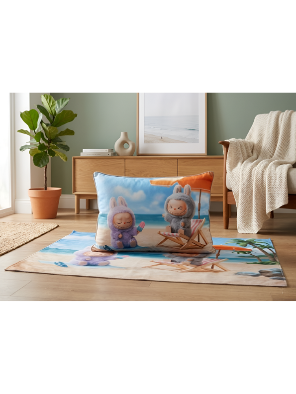 Labubu Summer Beach Throw Pillow – Cute Monster Plush Cushion with Popsicle Design, Soft Rectangular Decorative Pillow for Kids Room & Collectors ST11441