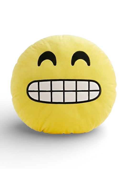 Yellow Emoji Plush Pillow – Grinning Face with Big Teeth Soft Toy, Round Emoji Cushion for Kids & Adults, Cute Decorative Throw Pillow ST11443