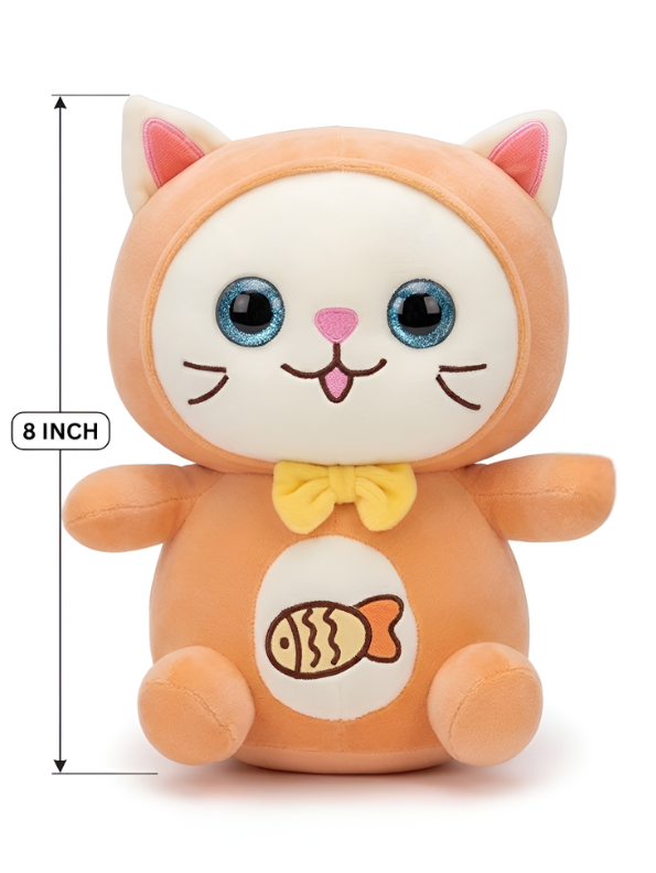 Cat Plush Toy – 8-Inch Cute Orange Soft Stuffed Animal Kitten with Yellow Bow & Fish Patch, Kawaii Cat Plushie for Kids ST11455