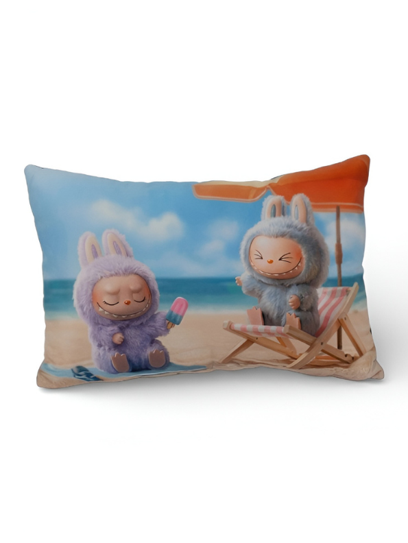 Labubu Summer Beach Throw Pillow – Cute Monster Plush Cushion with Popsicle Design, Soft Rectangular Decorative Pillow for Kids Room & Collectors ST11441