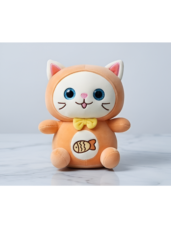 Cat Plush Toy – 8-Inch Cute Orange Soft Stuffed Animal Kitten with Yellow Bow & Fish Patch, Kawaii Cat Plushie for Kids ST11455