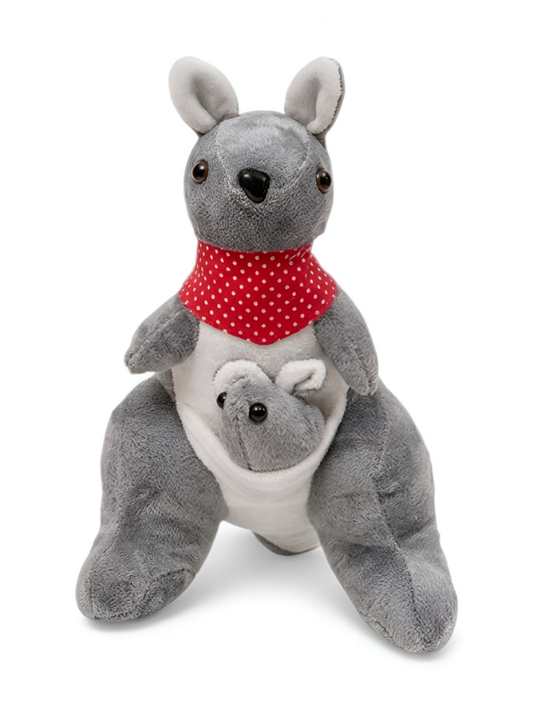 Grey Kangaroo Mother and Joey Plush Toy – Soft Stuffed Animal with Red Polka Dot Bandana, Adorable Nursery Decor & Perfect Gift for Kids ST12017