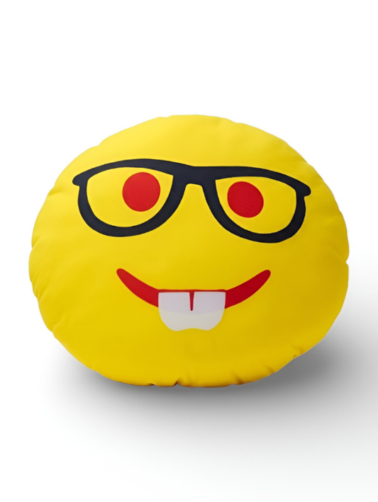 Nerd Emoji Plush Pillow – Soft Yellow Smiley Cushion with Glasses & Teeth | Cute Round Emoji Stuffed Pillow for Sofa, Bed & Kids Room ST11443