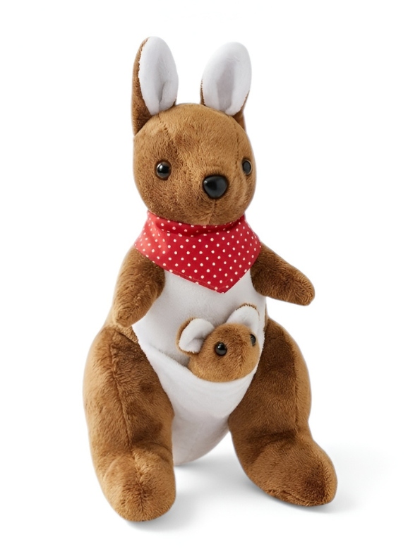 Kangaroo Mother and Joey Plush Toy – Soft Stuffed Animal with Red Polka Dot Bandana, Adorable Nursery Decor & Perfect Gift for Kids ST12017