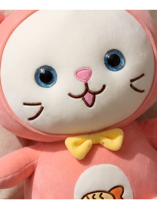Cat Plush Toy – 8-Inch Cute Pink Soft Stuffed Animal Kitten with Yellow Bow & Fish Patch, Kawaii Cat Plushie for Kids ST11455