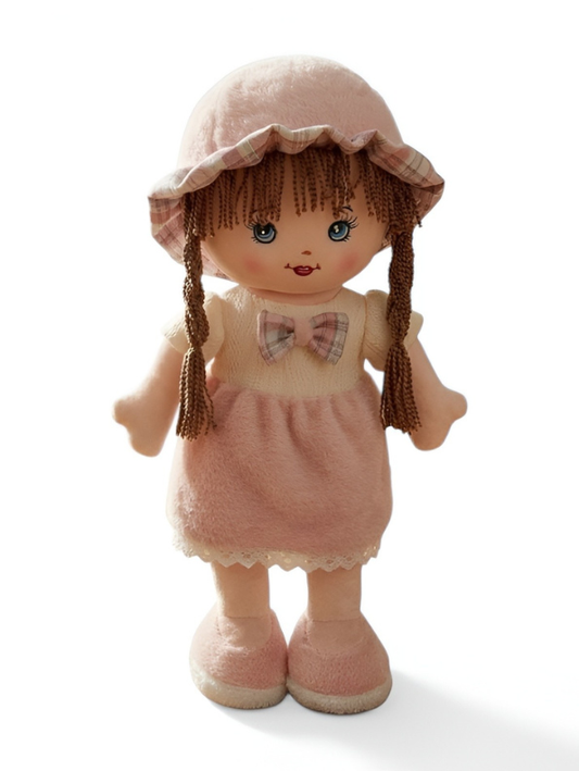 Soft Rag Doll for Girls – 40cm Cuddly Stuffed Toy with Pink Dress, Braided Hair & Matching Sun Hat | Perfect First Doll Gift for Kids ST16052