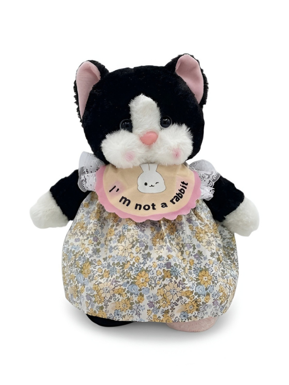 Cute Tuxedo Cat Plush Toy 45cm – Soft Stuffed Kitten Doll in Floral Dress with “I’m Not a Rabbit” Bib, Adorable Collectible Animal Gift for Kids & Cat Lovers ST15639